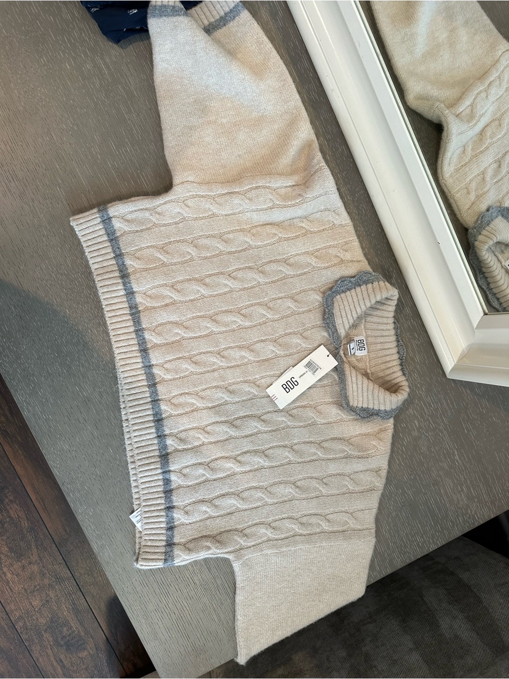 BDG Men's Cream Cable Knit Crewneck Sweater with Gray Trim
